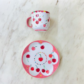 手繪陶瓷 • 元氣櫻桃 • 杯盤組.下午茶點心盤圓碟