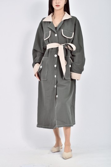 (2XL) syue fu質感棉質長袖排扣綠色綁帶洋裝