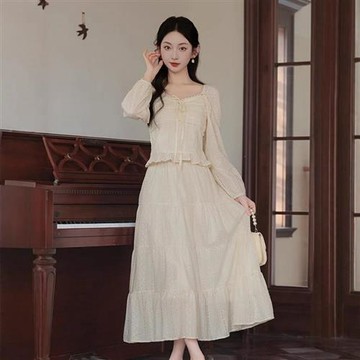 【米蘭精品】休閒套裝長袖裙裝-蕾絲襯衫刺繡蛋糕裙女裝74kh28