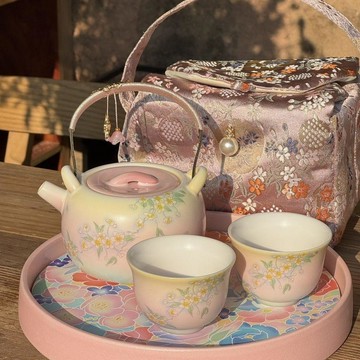 🌈茶杯茶壺🌈白汝雅緻中式茶壺小套裝|高顏值女生系列套裝|精美三色漸變提樑壺茶杯 茶具 煮茶壺 陶瓷茶具 茶具套裝
