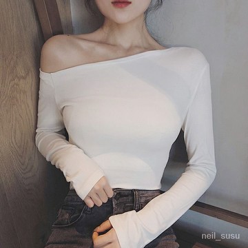 【限時特賣】 長袖上衣 長袖T恤 辣妹上衣 女生上衣 初秋女上衣長袖修身打底衫春秋薄款外穿露肩T恤冬季緊身內搭小衫