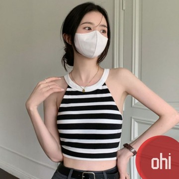 【ohi】條紋削肩掛脖美背背心無袖上衣 小可愛 不跑杯 免穿內衣 胸墊 運動內衣GVY-R1161