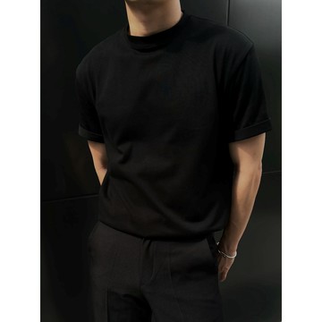 【1atm】低領-反摺袖Tshirt 反摺袖 免摺袖 純棉 顯壯 小高領  健身衣 體態  高規格 厚磅 小領口 素踢