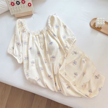 短袖帶胸墊一體防凸點睡裙女夏季純棉可愛連衣裙睡衣女士家居服