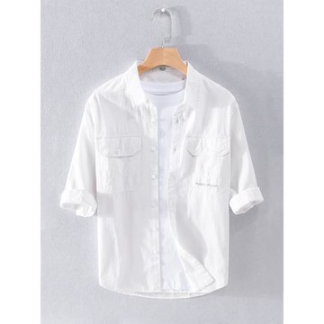 夏季日系休閑工裝風五分袖襯衫男純棉短袖上衣時尚質感多口袋潮牌