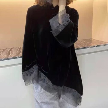 襯衣復古盤扣拼接金絲絨黑色長袖襯衫女春秋季新款2025年別致上衣