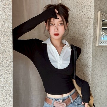 長袖t恤 INS韓系拼色假兩件內搭短版上衣女生緊身顯瘦微辣上衣大碼女裝 10914