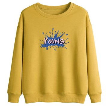 2025年春裝新款韓版寬松長袖圓領黃色上衣ins潮加絨加厚衛衣女薄