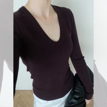 法式氣質紫色V領長袖針織打底衫高級感內搭修身毛衣上衣女秋冬季