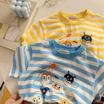 【Hi！Kids】兒童T恤 純棉男女童短袖T恤 夏季新款兒童圓領百搭條紋卡通寶寶日系上衣