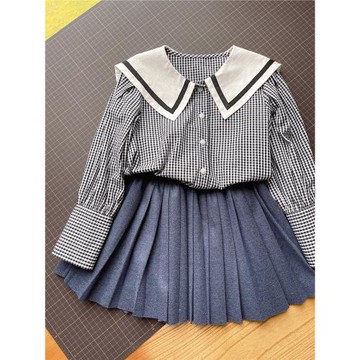 海軍領兒童白襯衫 百搭女童格子襯衣 長袖打底衫 春秋新款 童裝
