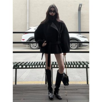 (免運)短款立領黑色毛呢外套女春冬美式復古高級感小個子呢子大衣短外套
