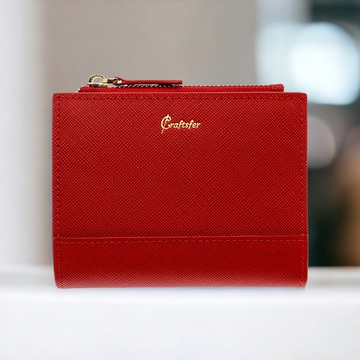 【刻字】意大利十字紋 纖薄真皮小型銀包(紅色)