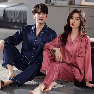 真絲綢緞情侶睡衣春秋款冰絲高級感奢華薄款休閑女男士春夏季套裝