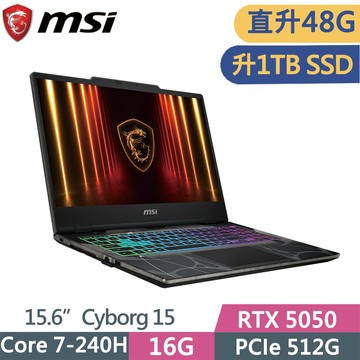 MSI Cyborg 15 B2RWEKG-028TW (Core 7 240H/16G+32G/1TB SSD/RTX5050/15.6/W11)特仕