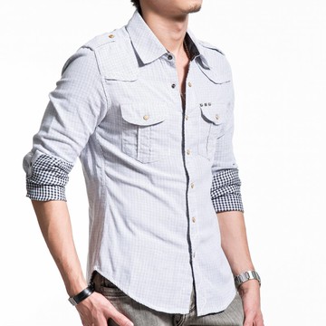 精梳棉雙層布黑白條紋金字塔撞釘長袖襯衫