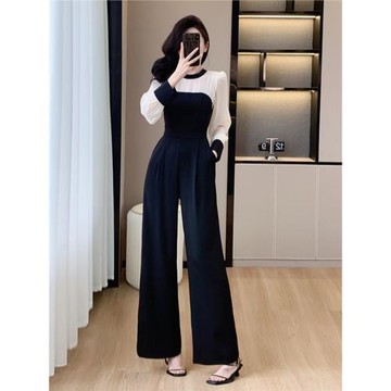高端連體套裝女2025春秋新款連衣褲氣質女神范撞色垂感闊腿連身褲