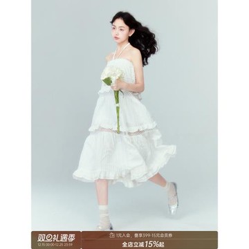 DIDDI 原創設計 鏤空花邊蛋糕a字半身裙白色高腰度假風網紗長裙