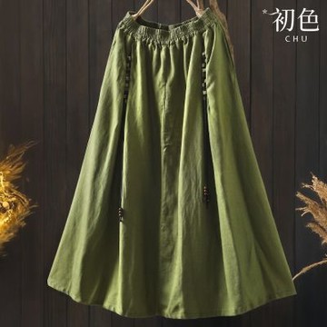 初色 法式棉麻風純色垂墜串珠鬆緊腰寬鬆遮肉A字裙中長裙半身裙-共2色-52588(M-2XL可選)