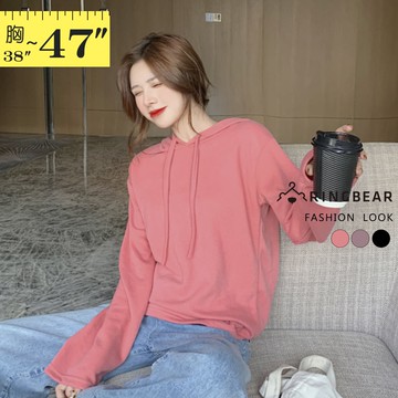 加大尺碼--甜美可愛糖果色素面抽繩連帽長袖帽T上衣(黑.紅.紫XL-3L)-X425眼圈熊中大尺碼