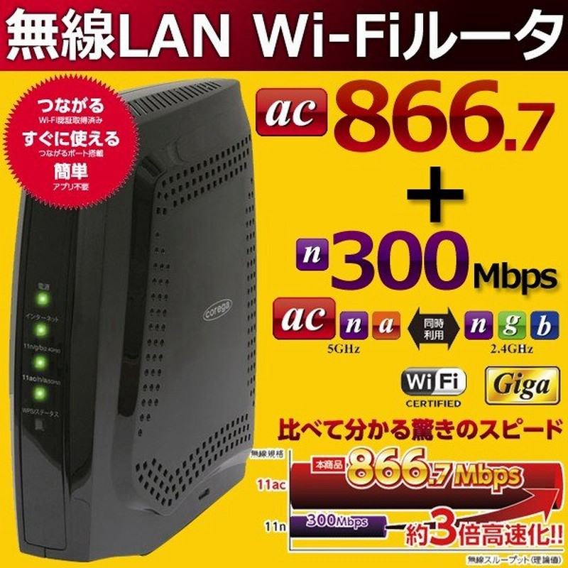 11acで驚異のスピード 無線lanルーター Wi Fi 本体 ダブルかんたん設定 3倍高速化 866 7 300mbps Pc ゲーム スマホ等が快適に 最安セール Cg Wgr10 通販 Lineポイント最大0 5 Get Lineショッピング