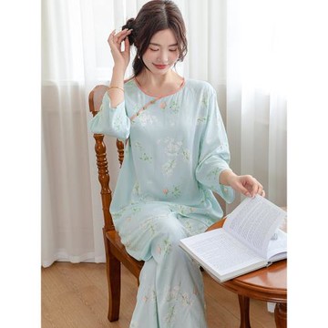 復古中國風棉綢睡衣女春秋季圓領長袖新中式夏天人造棉家居服套裝