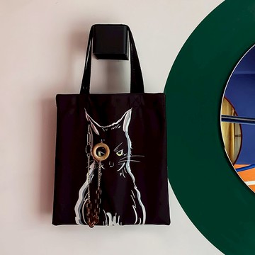 貓咪雙面插畫帆布包-黑貓(包鍊項鍊兩用)