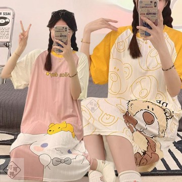 可可裡🎇睡裙女夏季短袖寬鬆大碼200斤可愛卡通學生家居服睡裙可外穿睡衣