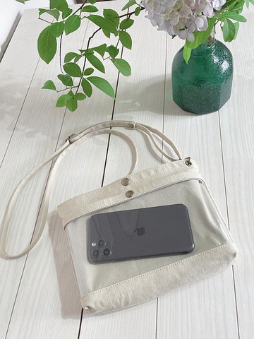 Kurashiki 帆布透明口袋肩背包 Sacoche Oshikatsu 智慧型手機袋 PVC 米色