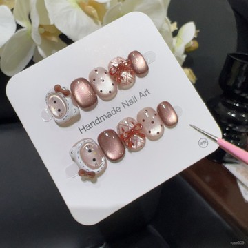 ➕最新設計款穿戴甲💅【小白帽】戴帽凱蒂立體萌喵穿戴甲手工波點蝴蝶結溫柔甜妹短方圓穿戴甲 RGRM