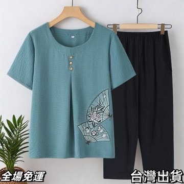 速.發 奶奶夏裝短袖老年人休閒兩件套2025新款老奶奶媽媽T恤女夏款套裝 台出