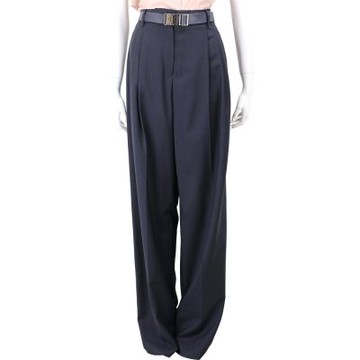 Max Mara-STUDIO BERGAMO 寬直筒落地深藍純羊毛長褲(附腰帶)