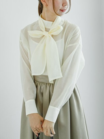 2WAY正反兩穿透膚感蝴蝶結綁帶長袖襯衫(FC37L0A0580) - Te chichi