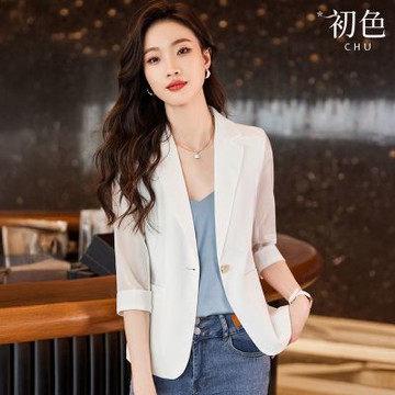 初色 韓系純色拼接雪紡短版修身翻領七分袖西裝外套女外套-共2色-15409(M-2XL可選)