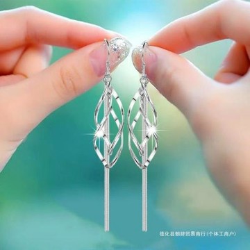 9999福純銀925耳飾潮適合圓臉方臉長款流蘇耳墜顯瘦銀耳鉤正朝辭