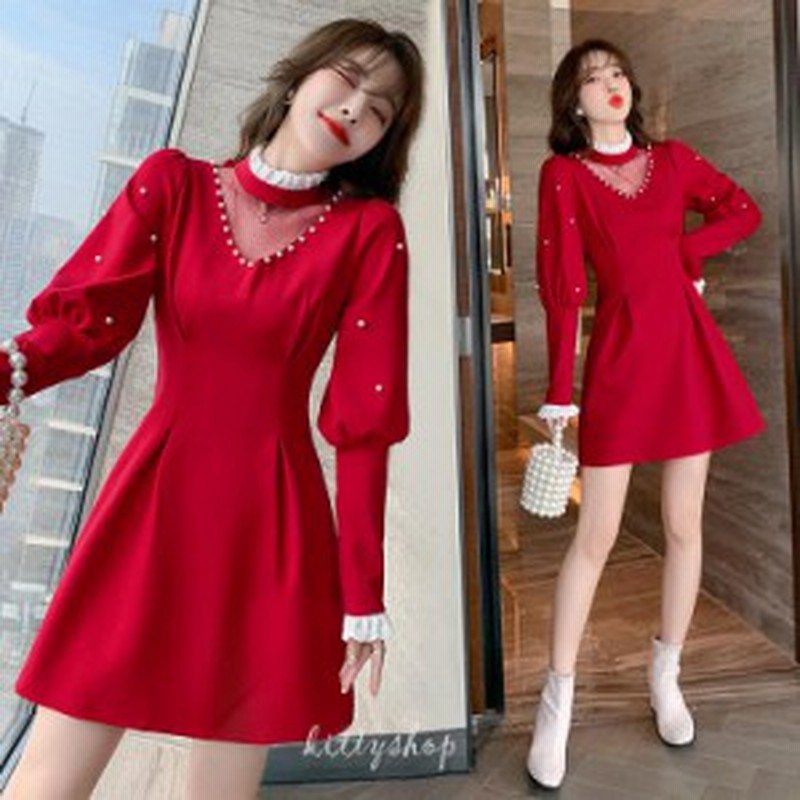 赤 ワンピース レディース ハイネック レース オシャレ キレイめ 可愛い ワンピース レッド クリスマス ショート丈ワンピース パフスリー 通販 Lineポイント最大1 0 Get Lineショッピング