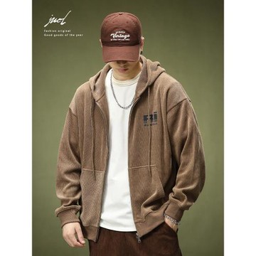 燈芯絨開衫衛衣外套男士美式潮牌休閑拉鏈上衣秋季新款寬松運動衫