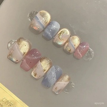 貓眼星星鎏金穿戴高級新款指甲美甲短款貼片顯白成品可拆卸甲片 9YP6