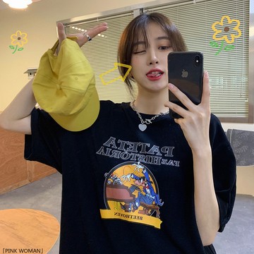 純棉包領夏季女裝美式復古印花圓領短袖T恤歐貨潮流寬鬆上衣