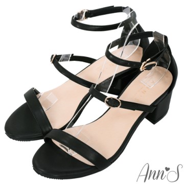 Ann’S優雅浪漫約會-三橫帶絲緞粗跟涼鞋-黑