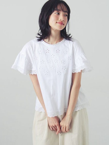 鏤空小花刺繡蕾絲邊短袖上衣(0F002267510) - Samansa Mos2