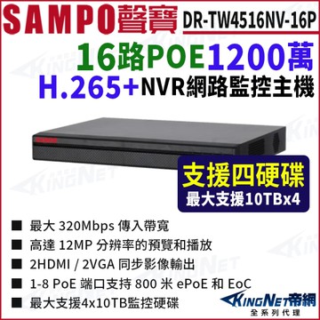 SAMPO聲寶 DR-TW4516NV-16P 16路 1200萬 POE 4K NVR 4硬碟 網路NVR監控主機 KingNet