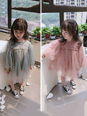 春秋童裝 中小童小清新兒童長袖連衣裙 女童泡泡袖蕾絲網紗裙1入