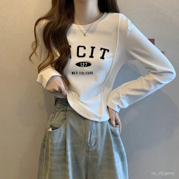 T恤女 春秋打底上衣 胖妹妹上衣 計感上衣 大碼遮肚子上衣 大尺碼打底衫 長袖上衣女 顯瘦打底衫 德絨上衣 休閒短版上衣