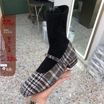 現韓國東大門女鞋22秋網紅格子時尚拼接針織襪靴短靴瑪麗珍瘦瘦靴