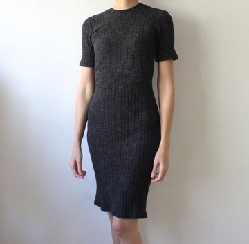 FOAK古著 義大利灰黑色坑條短袖洋裝