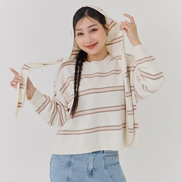 日系撞色條紋針織上衣(附連帽披肩)
