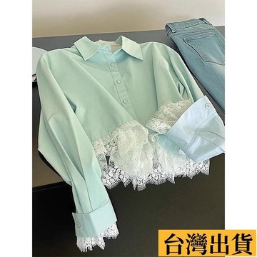 🌾限時低價🌴 綠色長袖春裝女2025新款爆款小衫獨特漂亮蕾絲拚接假兩件上衣
