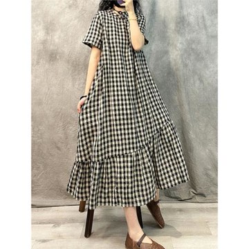 中式復古格子盤扣連衣裙女夏季新款寬松大碼減齡休閑棉麻過膝長裙