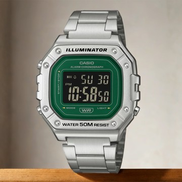 CASIO 卡西歐 休閒方形電子錶 學生錶 手錶-綠x銀 W-218HD-3AV